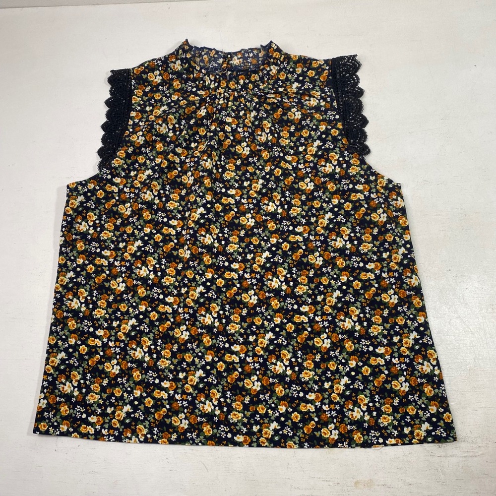 Whimsigoth Floral Sleeveless Blouse Womens XL Black Lace Trim Romantic Mock Neck